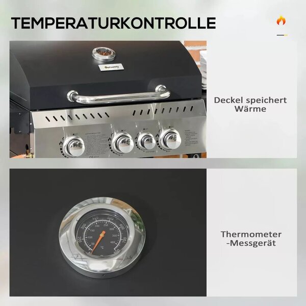 Outsunny Gázgrill, BBQ grill, 4 fő égő, 1 oldalsó égő, 1 melegítőlap, fekete