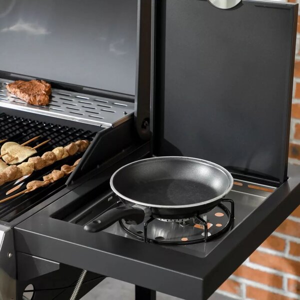 Outsunny Gázgrill, BBQ grill, 4 fő égő, 1 oldalsó égő, 1 melegítőlap, fekete