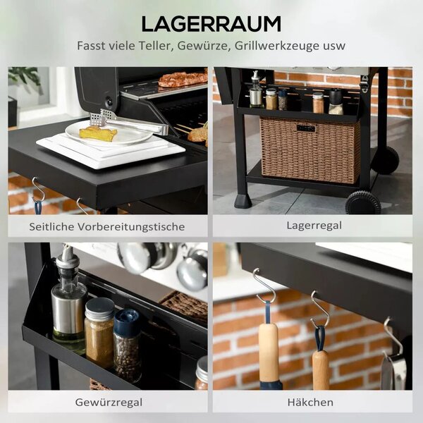 Outsunny Gázgrill, BBQ grill, 4 fő égő, 1 oldalsó égő, 1 melegítőlap, fekete