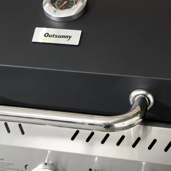 Outsunny Gázgrill, BBQ grill, 4 fő égő, 1 oldalsó égő, 1 melegítőlap, fekete