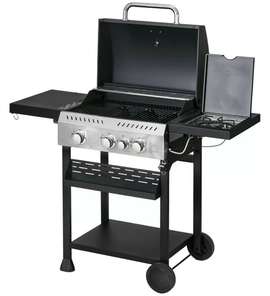 Outsunny Gázgrill, BBQ grill, 4 fő égő, 1 oldalsó égő, 1 melegítőlap, fekete