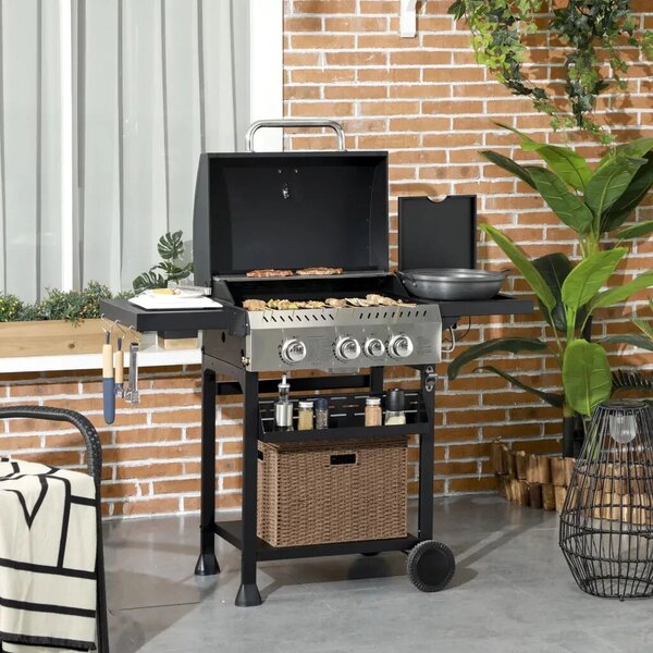 Outsunny Gázgrill, BBQ grill, 4 fő égő, 1 oldalsó égő, 1 melegítőlap, fekete