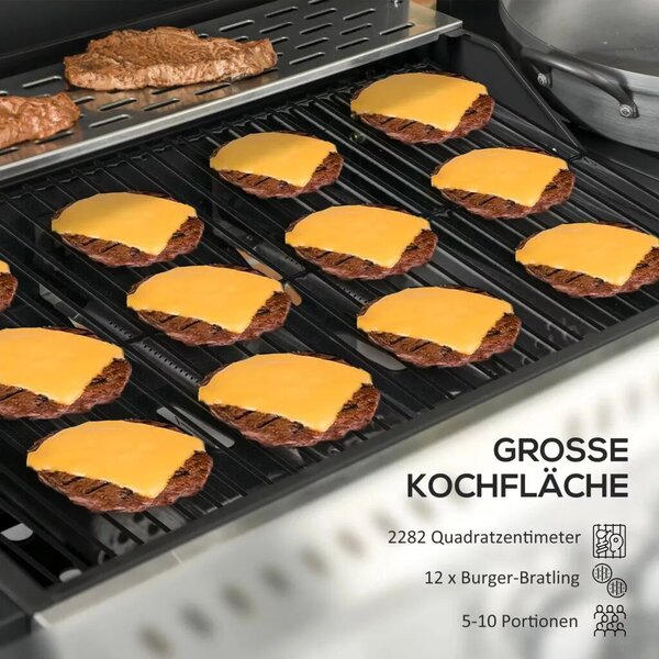 Outsunny Gázgrill, BBQ grill, 4 fő égő, 1 oldalsó égő, 1 melegítőlap, fekete