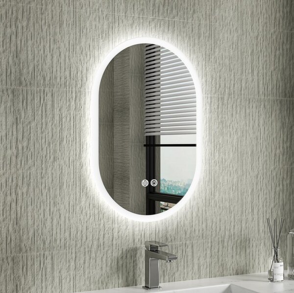 Erga Demi, ovális LED tükör 40x60cm, 3 fényszín, elülső világítás, páramentes fűtőpárna, ERG-V01-DEMI-4060-CL