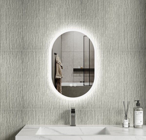 Erga Demi, ovális LED tükör 40x60cm, 3 fényszín, elülső világítás, páramentes fűtőpárna, ERG-V01-DEMI-4060-CL