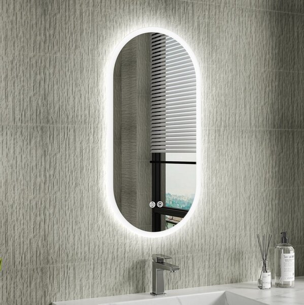 Erga Demi, ovális LED tükör 40x80cm, 3 fényszín, elülső világítás, páramentes fűtőpárna, ERG-V01-DEMI-4080-CL