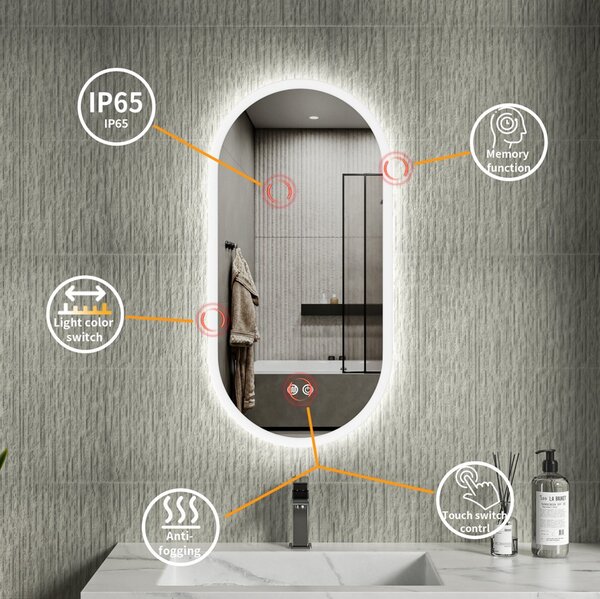 Erga Demi, ovális LED tükör 40x80cm, 3 fényszín, elülső világítás, páramentes fűtőpárna, ERG-V01-DEMI-4080-CL