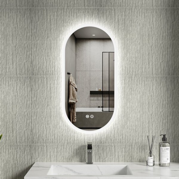 Erga Demi, ovális LED tükör 40x80cm, 3 fényszín, elülső világítás, páramentes fűtőpárna, ERG-V01-DEMI-4080-CL