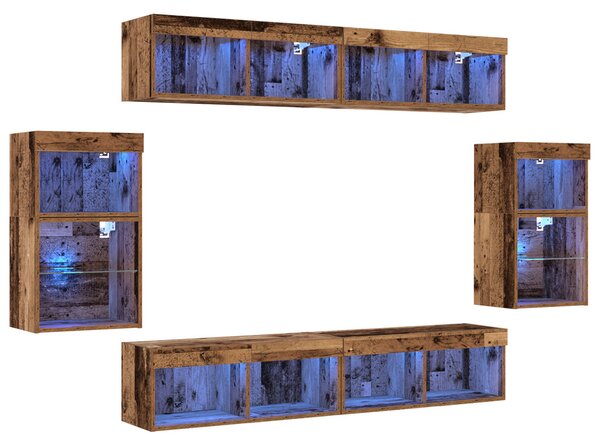TV szekrény garnitúra LED -es lámpákkal 8 pcs Régi fa Faanyag