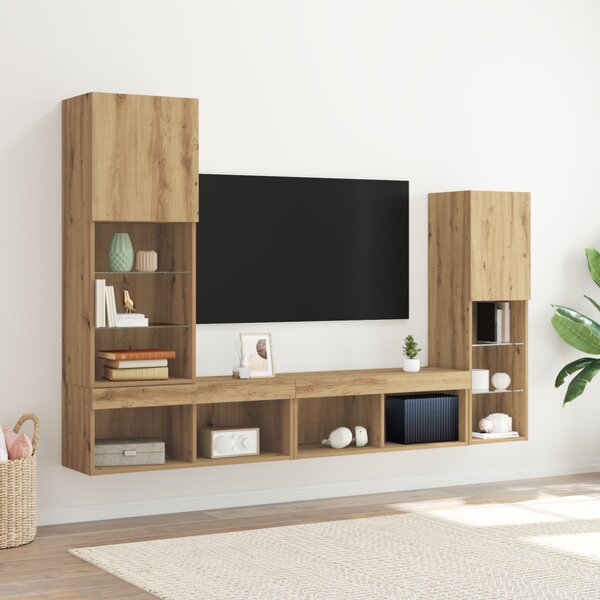 TV szekrény LED -es lámpákkal 4 pcs kézműves tölgy Faanyag