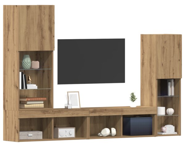 TV szekrény LED -es lámpákkal 4 pcs kézműves tölgy Faanyag