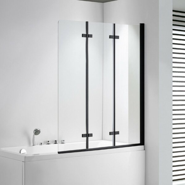 Stuxi Ravenna Black 120x140 összecsukható 3 szárnyú kádparaván 6 mm vastag vízlepergető biztonsági üveggel, fekete elemekkel