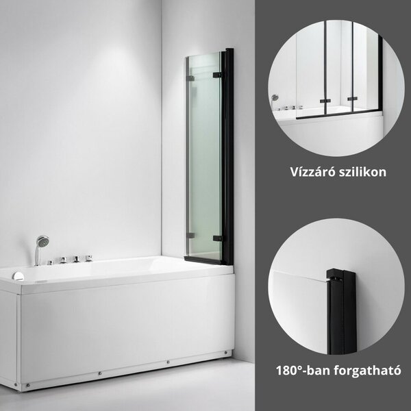 Stuxi Ravenna Black 120x140 összecsukható 3 szárnyú kádparaván 6 mm vastag vízlepergető biztonsági üveggel, fekete elemekkel