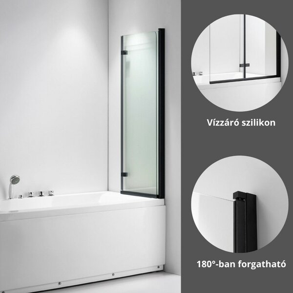 Stuxi Ravenna Black 100x140 összecsukható 2 szárnyú kádparaván 6 mm vastag vízlepergető biztonsági üveggel, fekete elemekkel