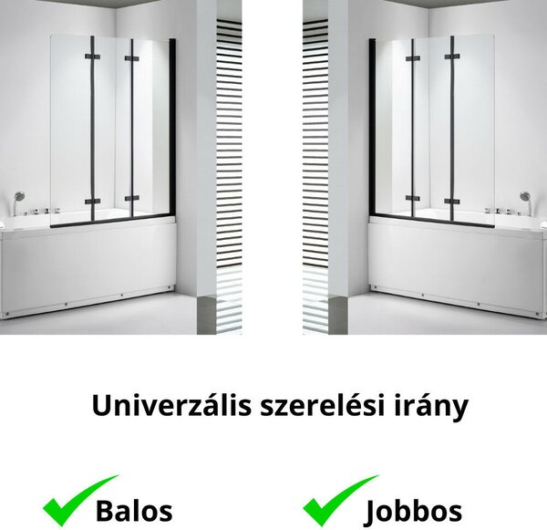 Stuxi Ravenna Black 120x140 összecsukható 3 szárnyú kádparaván 6 mm vastag vízlepergető biztonsági üveggel, fekete elemekkel