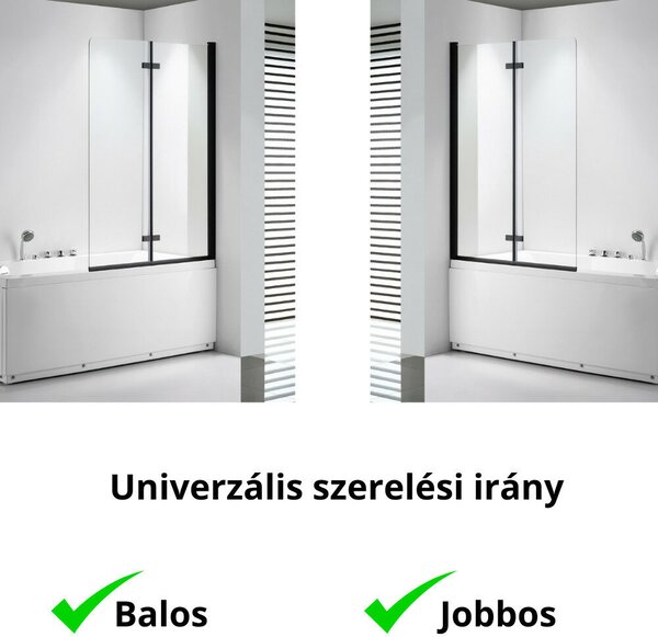 Stuxi Ravenna Black 100x140 összecsukható 2 szárnyú kádparaván 6 mm vastag vízlepergető biztonsági üveggel, fekete elemekkel