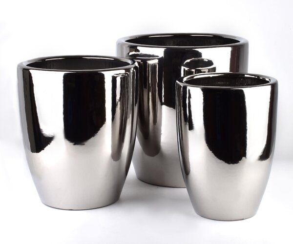 Kerámia kaspó szett MONDEX NEVA SILVER 39x39x42 cm, 32x32x38,5 cm, 26x26x35 cm Ezüst 3 db