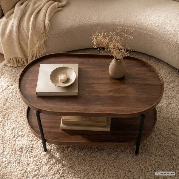 AKORD Furniture Factory Cortado Dohányzóasztal MDF Dió-Fekete Ovális Polcos