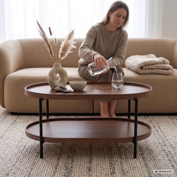 AKORD Furniture Factory Cortado Dohányzóasztal MDF Dió-Fekete Ovális Polcos