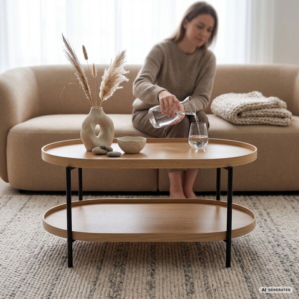 AKORD Furniture Factory Cortado Dohányzóasztal MDF Természetes Fa Fekete Lábakkal, Ovális Polccal
