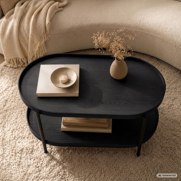 AKORD Furniture Factory Cortado Dohányzóasztal MDF Fekete Ovális Polccal