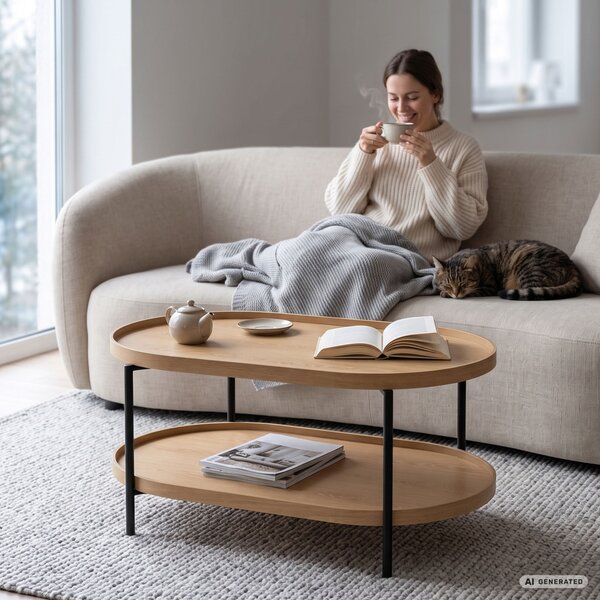 AKORD Furniture Factory Cortado Dohányzóasztal MDF Természetes Fa Fekete Lábakkal, Ovális Polccal