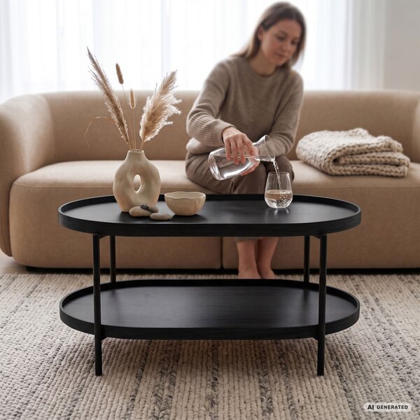 AKORD Furniture Factory Cortado Dohányzóasztal MDF Fekete Ovális Polccal