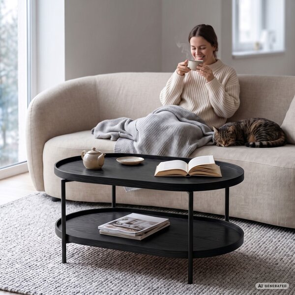 AKORD Furniture Factory Cortado Dohányzóasztal MDF Fekete Ovális Polccal