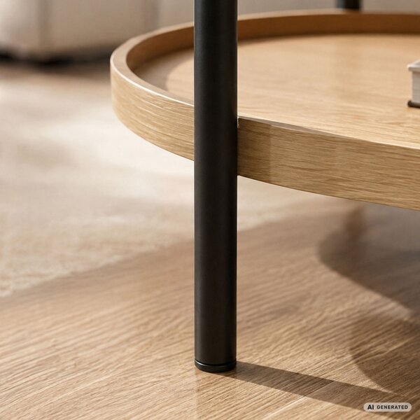 AKORD Furniture Factory Cortado Dohányzóasztal MDF Természetes Fa Fekete Lábakkal, Ovális Polccal