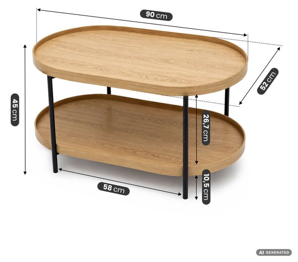 AKORD Furniture Factory Cortado Dohányzóasztal MDF Természetes Fa Fekete Lábakkal, Ovális Polccal