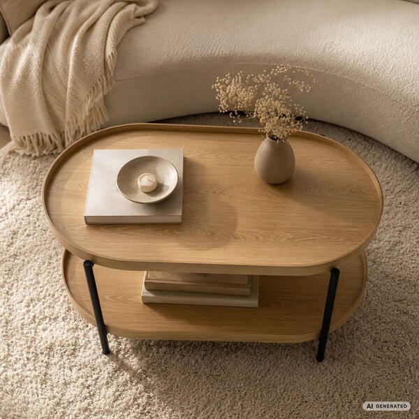 AKORD Furniture Factory Cortado Dohányzóasztal MDF Természetes Fa Fekete Lábakkal, Ovális Polccal
