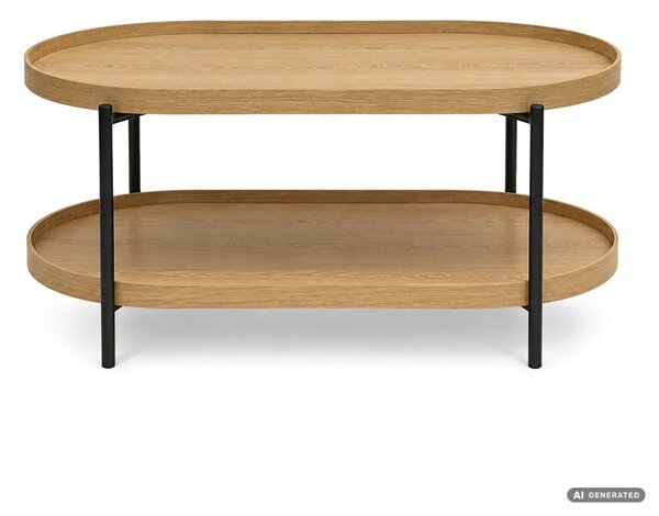 AKORD Furniture Factory Cortado Dohányzóasztal MDF Természetes Fa Fekete Lábakkal, Ovális Polccal