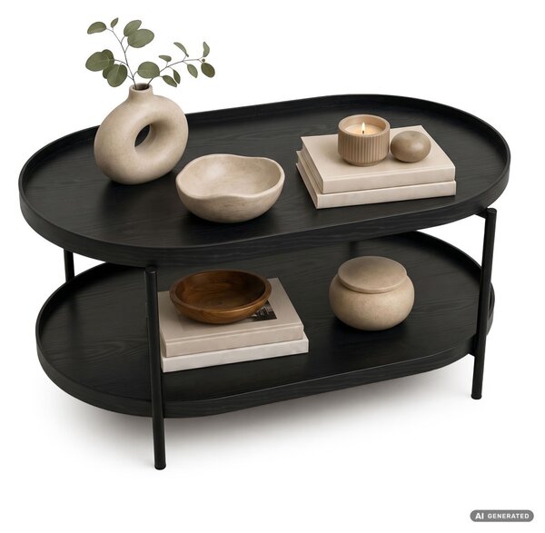 AKORD Furniture Factory Cortado Dohányzóasztal MDF Fekete Ovális Polccal
