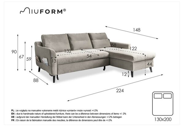 Stylish Stan sötétkék kinyitható bársony sarokkanapé, jobb oldali - Miuform