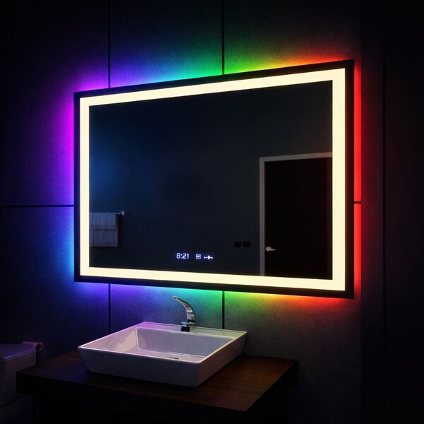 LED Tükör Rectangulara 120x80cm Verite MotionGlow Marcello, páramentesítő rendszer, óra és hőmérő, dimmelhető W09/120X80BTRGB