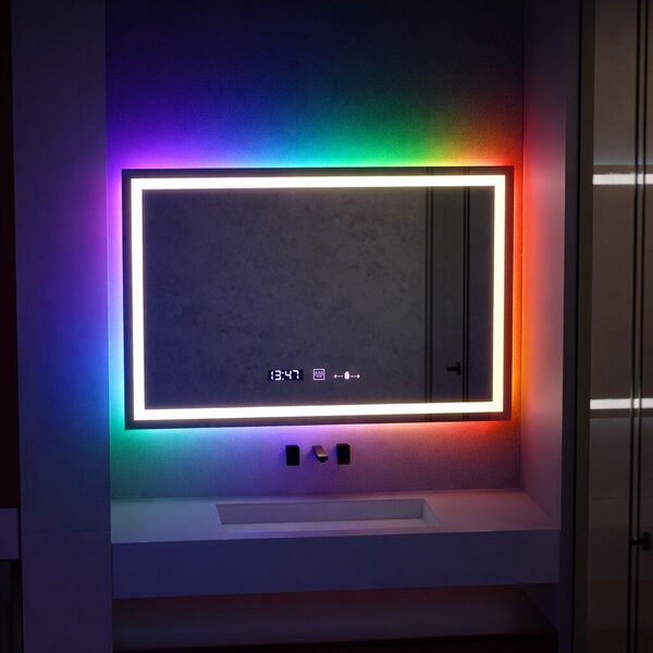 LED Tükör Rectangulara 120x80cm Verite MotionGlow Marcello, páramentesítő rendszer, óra és hőmérő, dimmelhető W09/120X80BTRGB