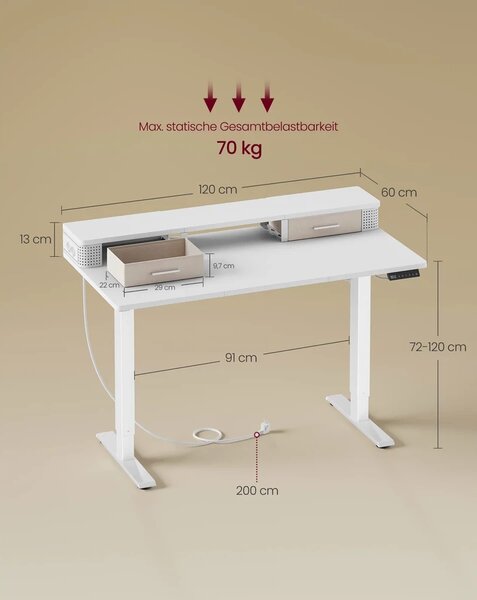 VASAGLE elektromos állítható íróasztal, 120x60 cm, memória funkció, fehér