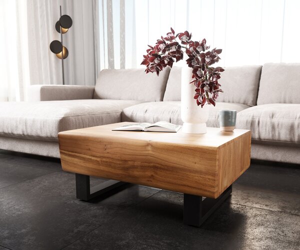 DELIFE Dohányzóasztal New Live-Edge 80x60 cm akác természetes 2 fiókos fém kúszó láb fekete