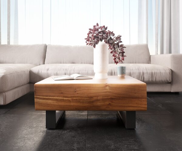 DELIFE Dohányzóasztal New Live-Edge 80x60 cm akác természetes 2 fiókos fém kúszó láb fekete