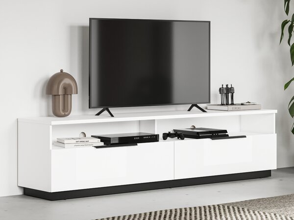 TV-állvány Talevaro 102, Laminált forgácslap, 51x200x41cm, Fehér, Fényes fehér, Fekete