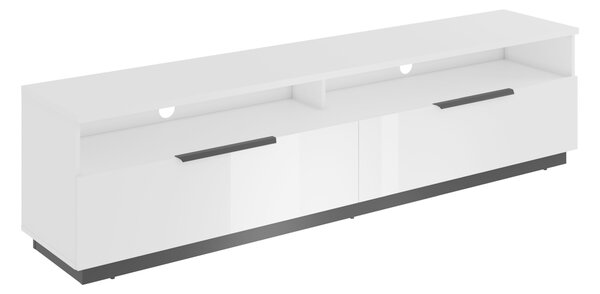 TV-állvány Talevaro 102, Laminált forgácslap, 51x200x41cm, Fehér, Fényes fehér, Fekete
