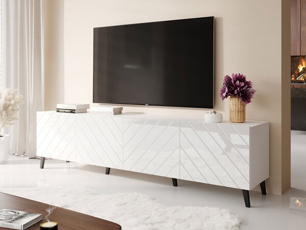 TV-állvány Charlotte 145, Közepes sűrűségű farostlemez, Laminált forgácslap, 52x200x42cm, Fényes fehér, Fehér
