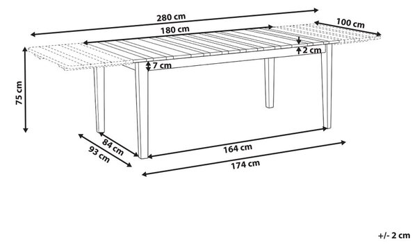 Bővíthető kerti étkezőasztal TOSCANELLA 180/280 cm 100 cm Tanúsított akácfa Világosbarna