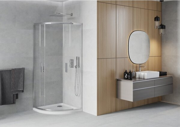 Mexen Rio 90 x 90 cm-es félköríves zuhanykabin, átlátszó, króm + Flat fehér zuhanytálca - 863-090-090-01-00-4110