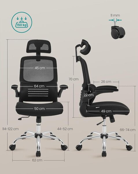 Irodai szék, ergonomikus, hálós szék deréktámasszal és állítható fejtámlával, fekete