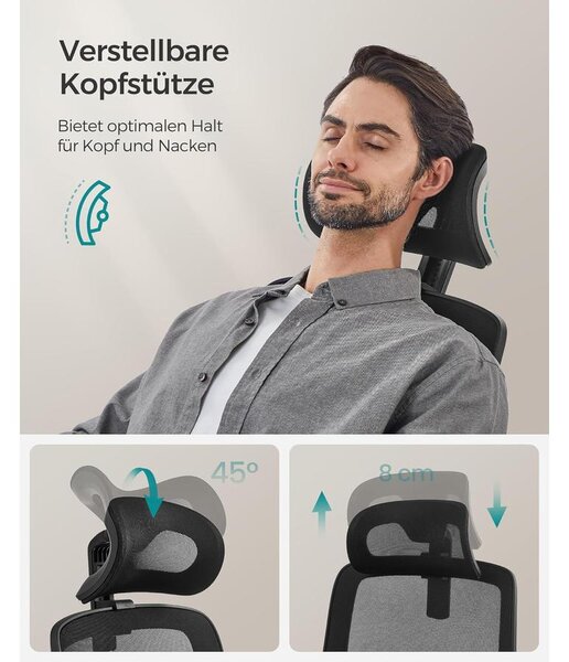 Irodai szék, ergonomikus, hálós szék deréktámasszal és állítható fejtámlával, fekete