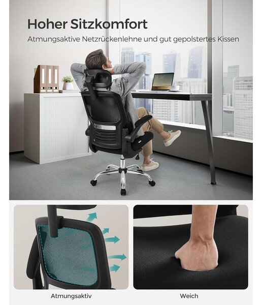 Irodai szék, ergonomikus, hálós szék deréktámasszal és állítható fejtámlával, fekete