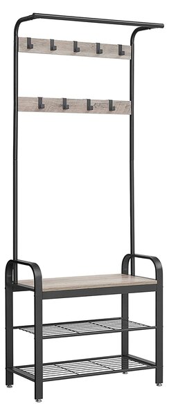 Kabáttartó állvány, kabátállvány cipőtárolóval, 183cm magas, szürke-fekete