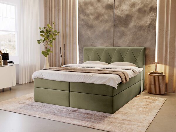 DEAN kárpitozott boxspring franciaágy - olivazöld Méret: 180x200