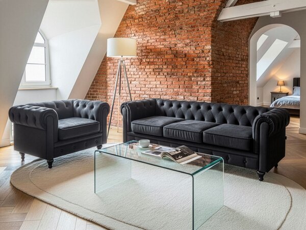 Kanapé 3 személyes CHESTERFIELD Bársony Fekete